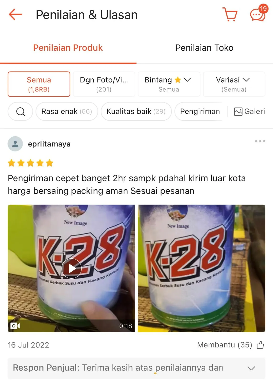 Testimoni pembeli Susu K28 di GudangSusu.com