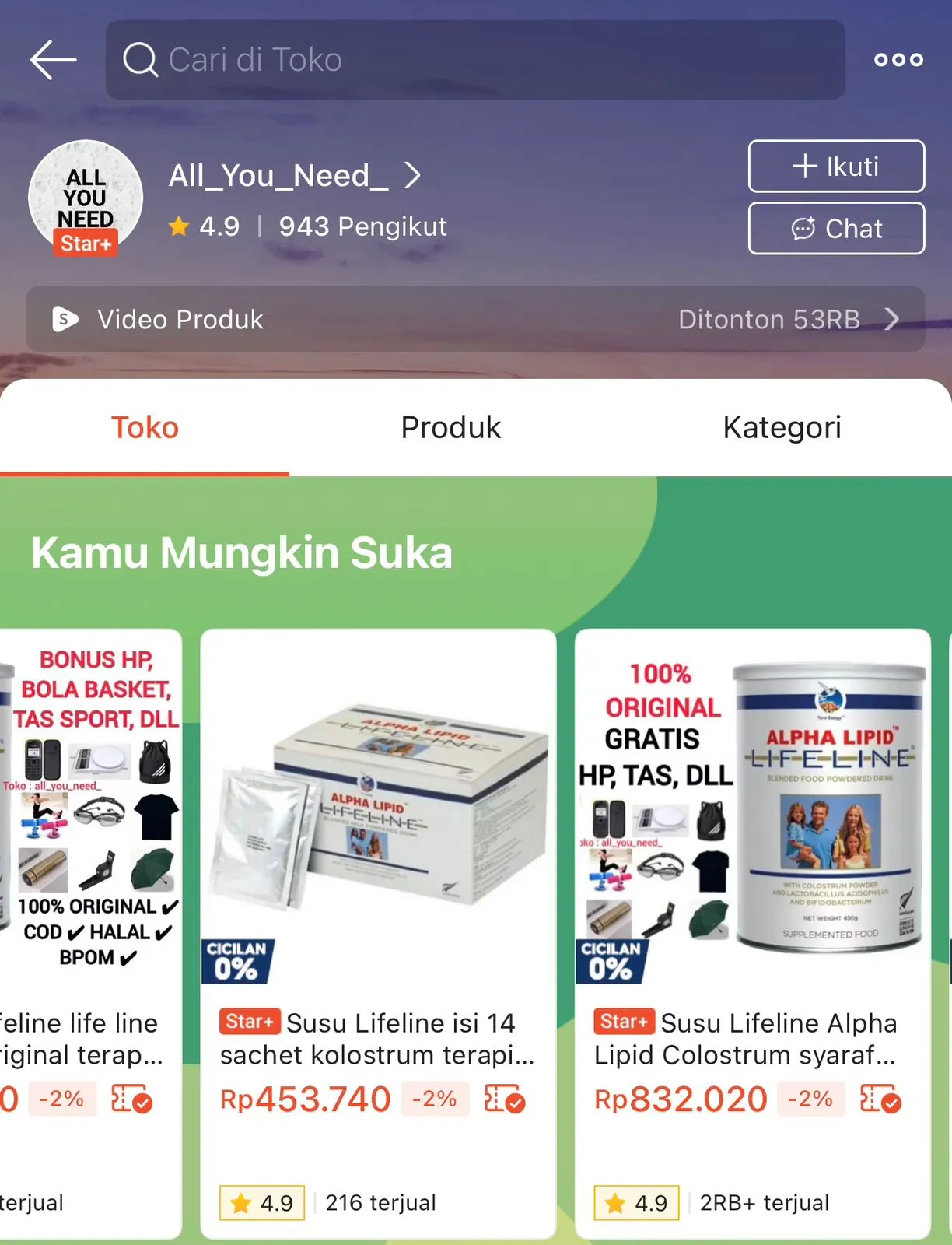Pembelian Susu Lifeline melalui Shopee resmi GudangSusu.com